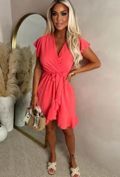 Best Believe It Coral Wrap Front Frill Sleeve Mini Dress