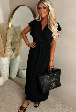 Best Believe Me Black Wrap Front Frill Sleeve Maxi Dress