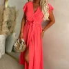 Best Believe Me Coral Wrap Front Frill Sleeve Maxi Dress