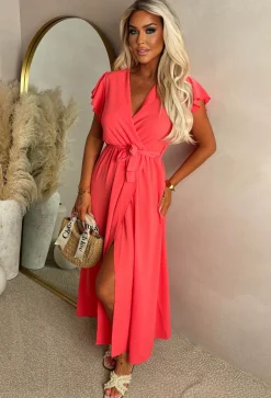Best Believe Me Coral Wrap Front Frill Sleeve Maxi Dress