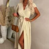 Best Believe Me Stone Wrap Front Frill Sleeve Maxi Dress