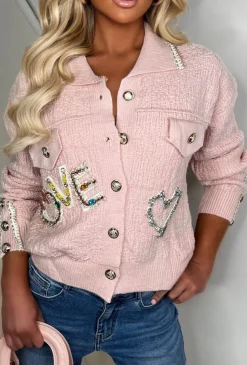 Blissful Blossom Baby Pink Love Embroidered Collar Embellished Cardigan Limited Edition