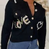 Blissful Blossom Black Love Embroidered Button Collar Cardigan