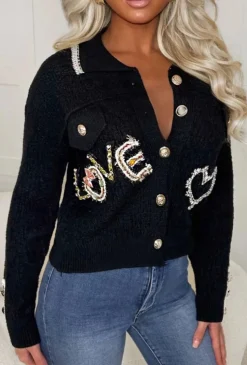 Blissful Blossom Black Love Embroidered Button Collar Cardigan