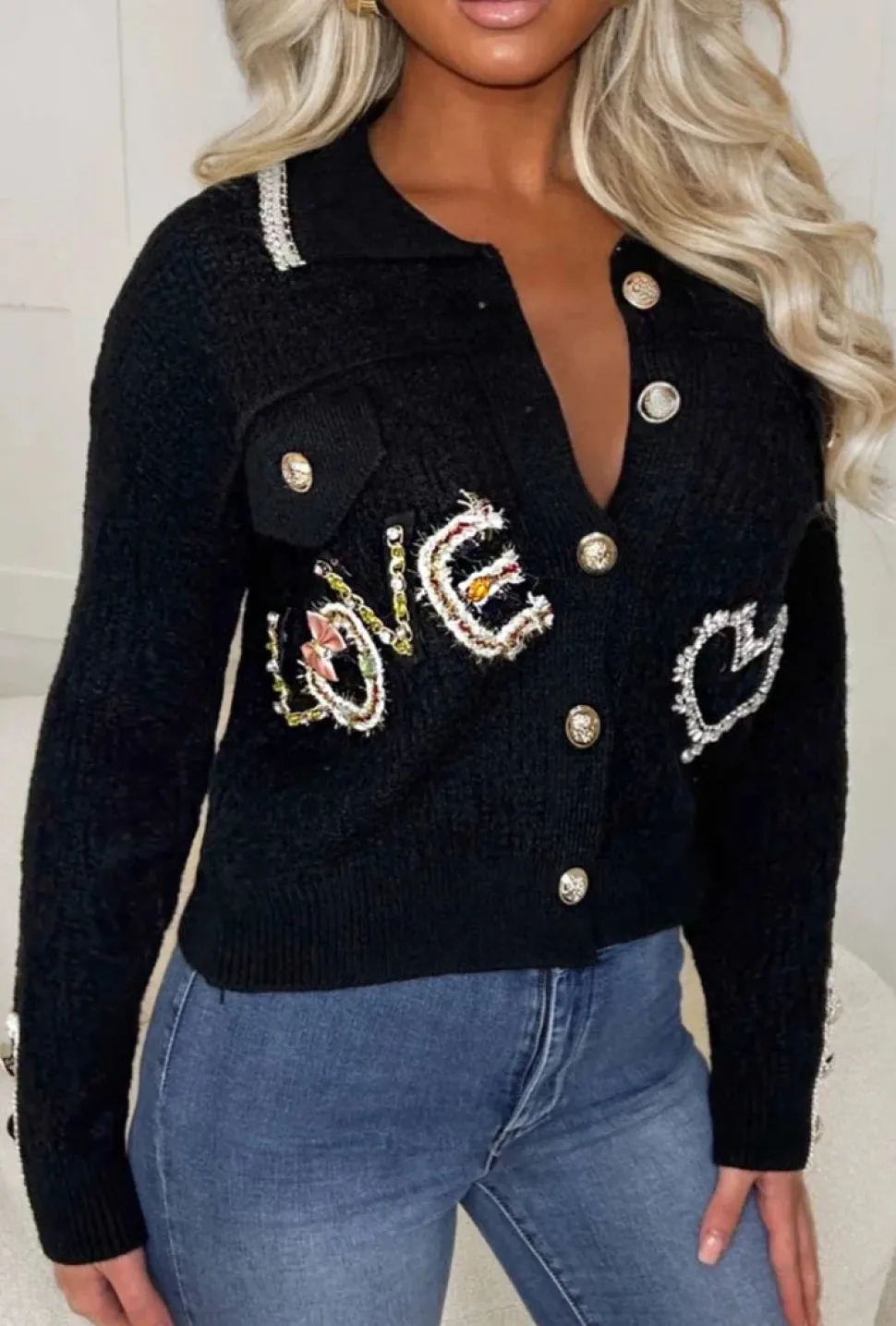 Blissful Blossom Black Love Embroidered Button Collar Cardigan