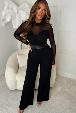 Blissful Chic Black Mesh & Plain Wide Leg Belted Jumpsuit