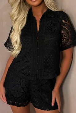 Bohemian Bliss Black Crochet Shirt And Shorts Co-Ord Set