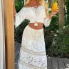 Boho Bombshell White Bardot Crochet Maxi Skirt Co-Ord Outfit Set