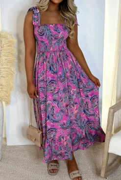 Boho Fantasy Pink Paisley Print Shirred Tie Strap Maxi Dress