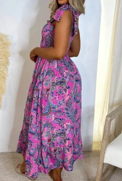 Boho Fantasy Pink Paisley Print Shirred Tie Strap Maxi Dress