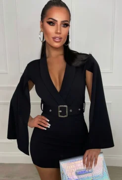 Bold Moves Black Drape Sleeve Belted Playsuit