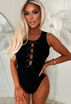 Boudoir Bliss Black Bow Deatil Knitted Bodysuit
