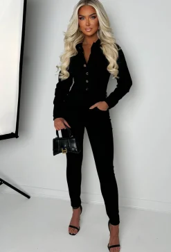 Boulevard Chic Black Stretch Long Sleeve Denim Jumpsuit