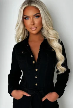 Boulevard Chic Black Stretch Long Sleeve Denim Jumpsuit