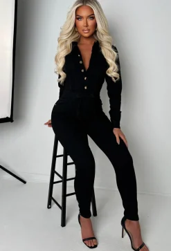 Boulevard Chic Black Stretch Long Sleeve Denim Jumpsuit