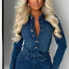 Boulevard Chic Mid Wash Stretch Long Sleeve Denim Jumpsuit