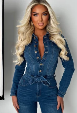 Boulevard Chic Mid Wash Stretch Long Sleeve Denim Jumpsuit