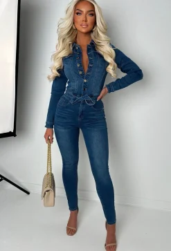 Boulevard Chic Mid Wash Stretch Long Sleeve Denim Jumpsuit