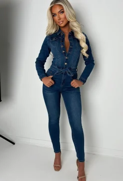Boulevard Chic Mid Wash Stretch Long Sleeve Denim Jumpsuit