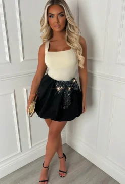 Bow Down Black Sequin Bow Puff Ball Skirt