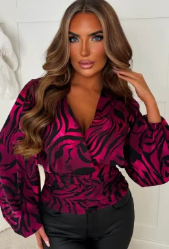 Briella Hot Pink V-Neck Animal Print Ruched Blouse