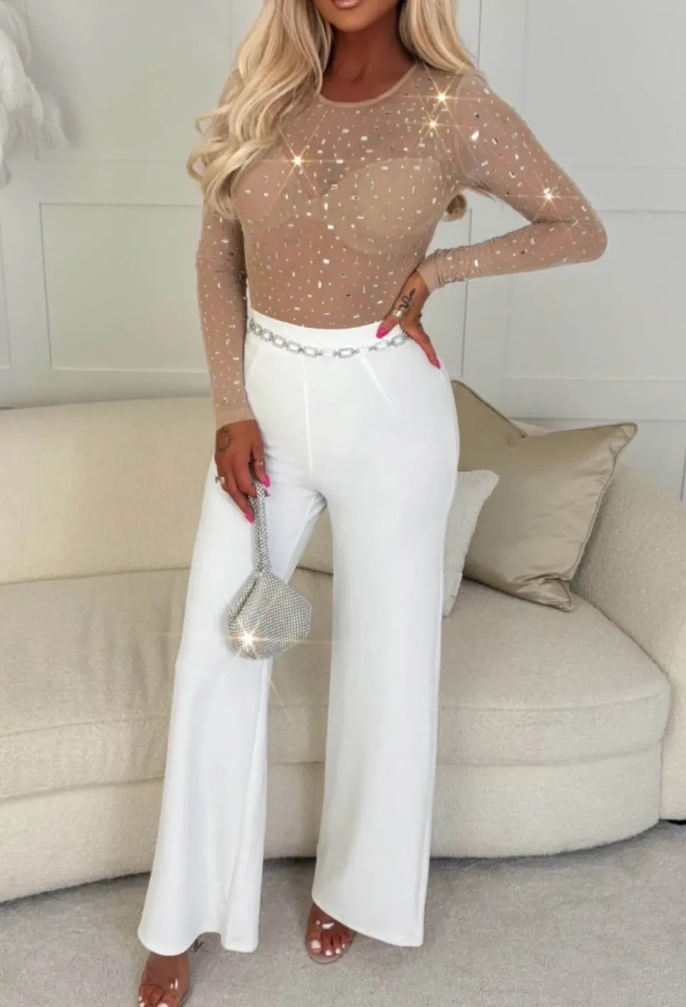 Britney Nude Long Sleeve Sheer Embellished Bodysuit