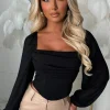 Bryony Black Long Sleeve Stretch Corset Top