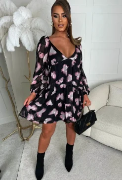Butterfly Illusion Black Plunge Long Sleeve Layered Mini Dress