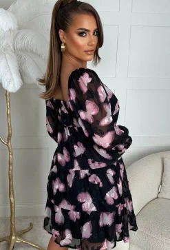 Butterfly Illusion Black Plunge Long Sleeve Layered Mini Dress