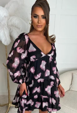 Butterfly Illusion Black Plunge Long Sleeve Layered Mini Dress