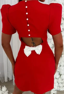 Buttoned Beauty Red Bow Back Mini Dress