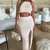 Cabana Crush Beige Crochet Knitted Halterneck Maxi Skirt Co-Ord Set