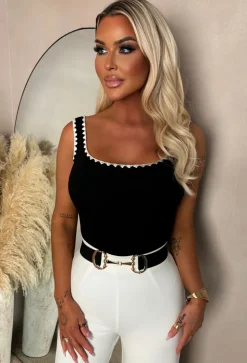 Call It Love Black Rib Knit Contrast Bodysuit