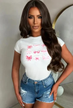 Call Me Sweet White Blush Bow Print Fitted T-Shirt