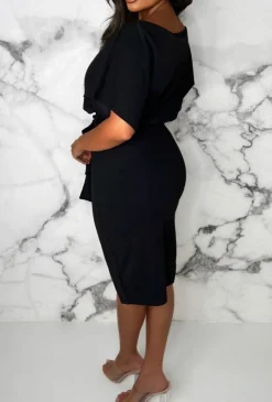 Came Here For Love Black Belted Wrap Front Midi Dress