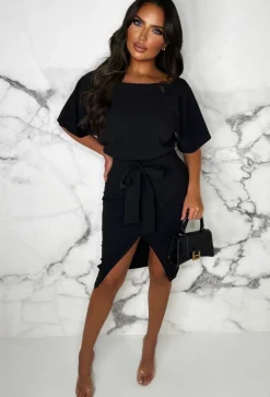 Came Here For Love Black Belted Wrap Front Midi Dress