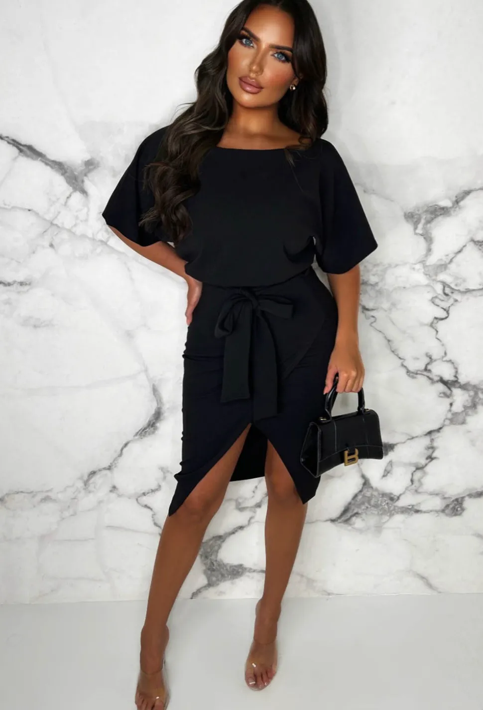 Came Here For Love Black Belted Wrap Front Midi Dress