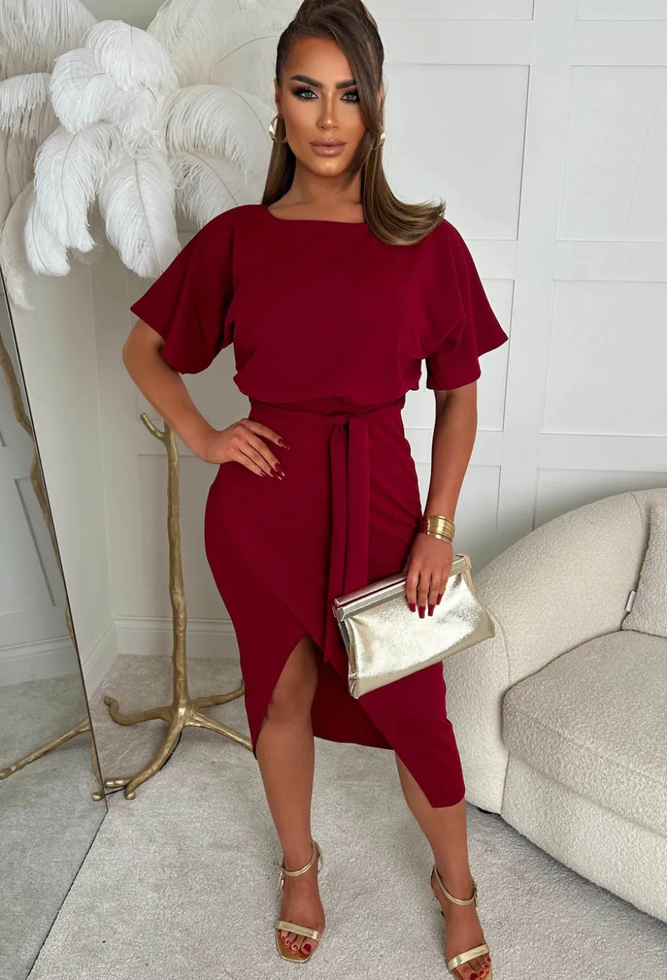 Came Here For Love Burgundy Belted Wrap Front Midi Dress