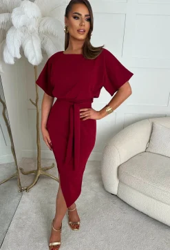 Came Here For Love Burgundy Belted Wrap Front Midi Dress