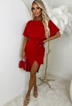 Came Here For Love Red Belted Wrap Front Midi Dress