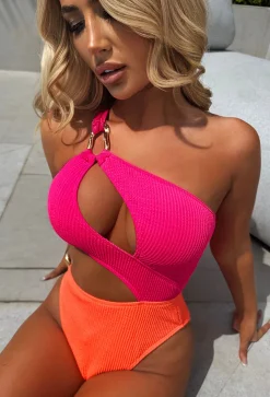 Capri Hot Pink One Shoulder Crinkle Contrast Colour Swimsuit