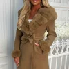 Captivated By You Camel Wool Blend Faux Fur Trimmed Belted Coat