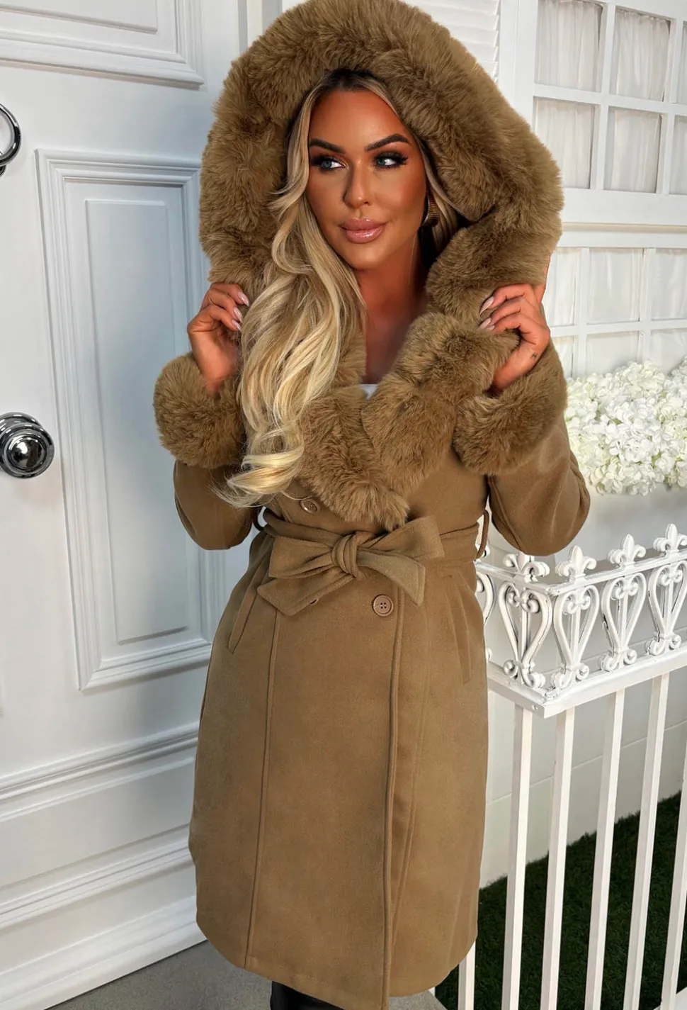 Captivated By You Camel Wool Blend Faux Fur Trimmed Belted Coat