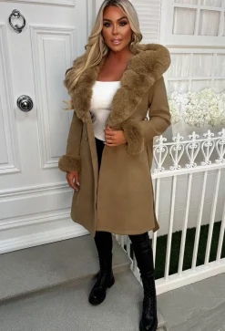 Captivated By You Camel Wool Blend Faux Fur Trimmed Belted Coat