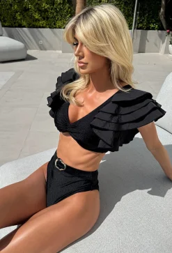 Caribbean Black Ruffle Detail Bikini With Mock Belt High Waist Brief