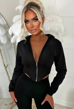 Casual Baddie Black Corset Zip Up Hoodie