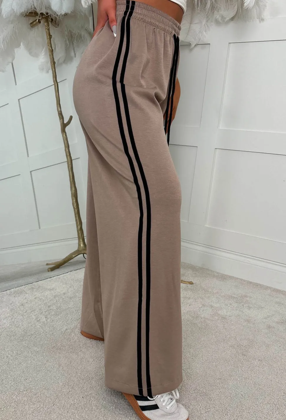 Casual Feelings Mocha Side Stripe Wide Leg Joggers