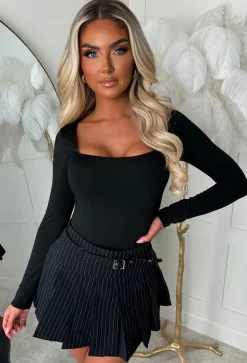 Cecile Charcoal Grey Pin Stripe Belted Pleated Skort