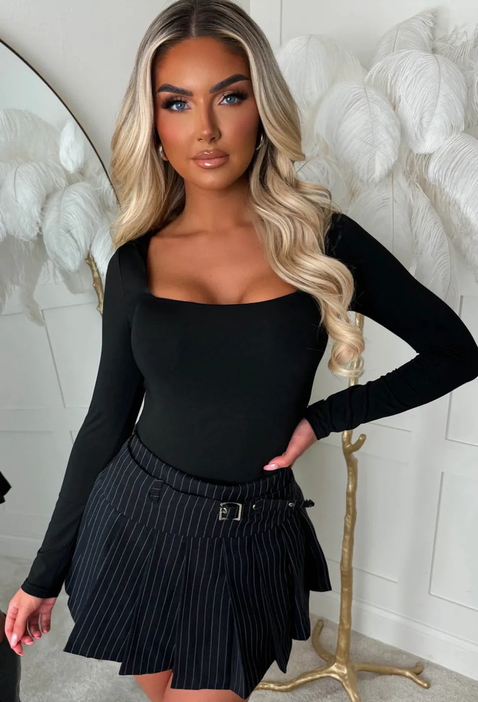 Cecile Charcoal Grey Pin Stripe Belted Pleated Skort
