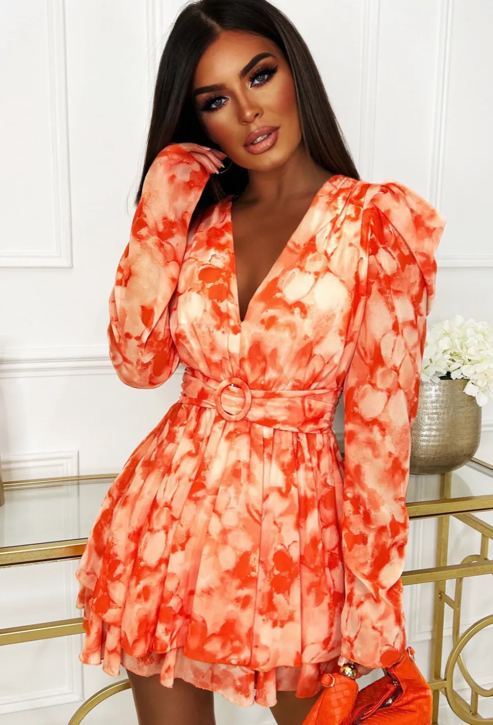 Chase Sunsets Orange Puff Sleeve Belted Mini Dress